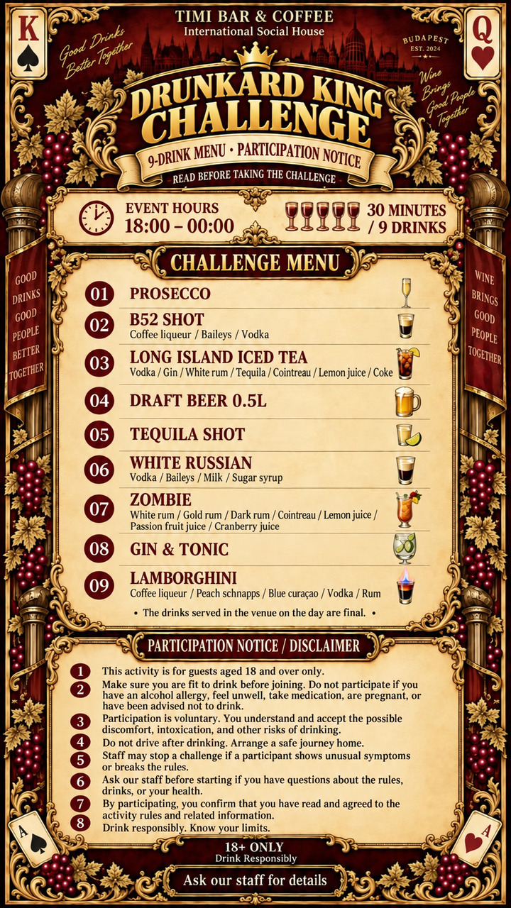 Drunkard King Challenge nine-drink menu and participation notice